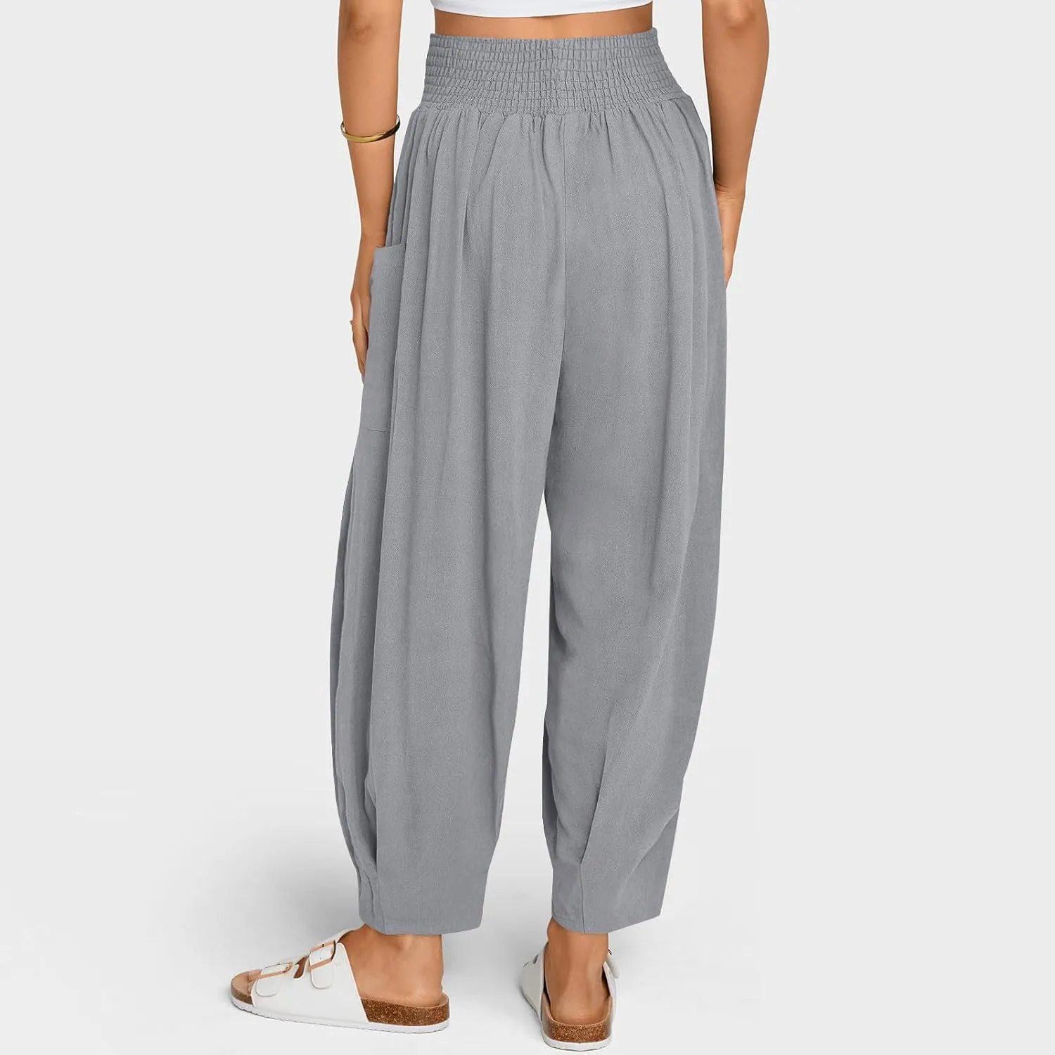 TANGNADE Womens Linen Pants with Pockets Summer Loose Elastic High Waisted Comfy Summer Trousers Baggy Pant