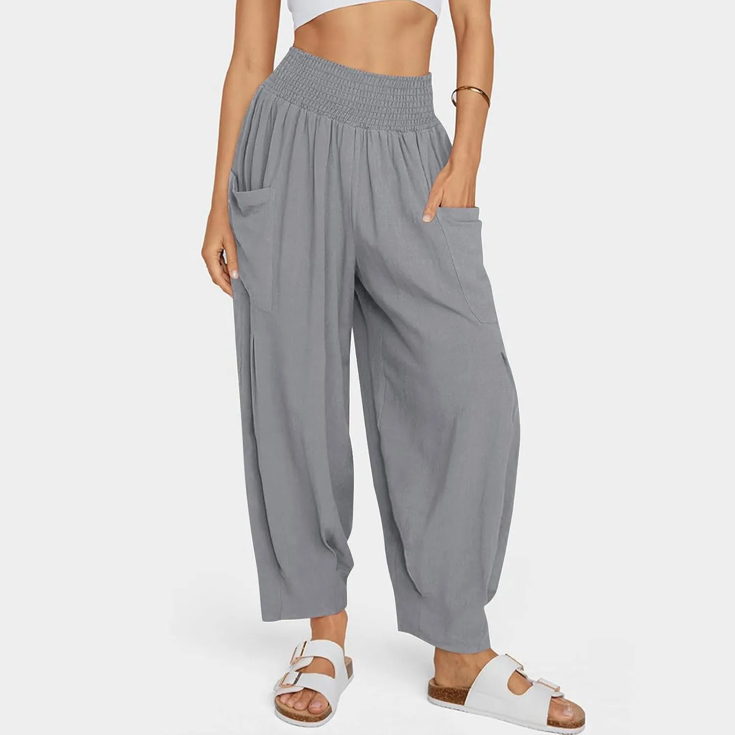 TANGNADE Womens Linen Pants with Pockets Summer Loose Elastic High Waisted Comfy Summer Trousers Baggy Pant