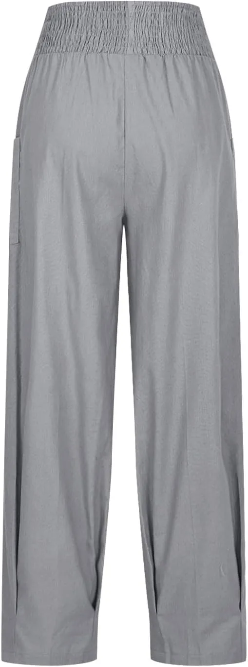 TANGNADE Womens Linen Pants with Pockets Summer Loose Elastic High Waisted Comfy Summer Trousers Baggy Pant