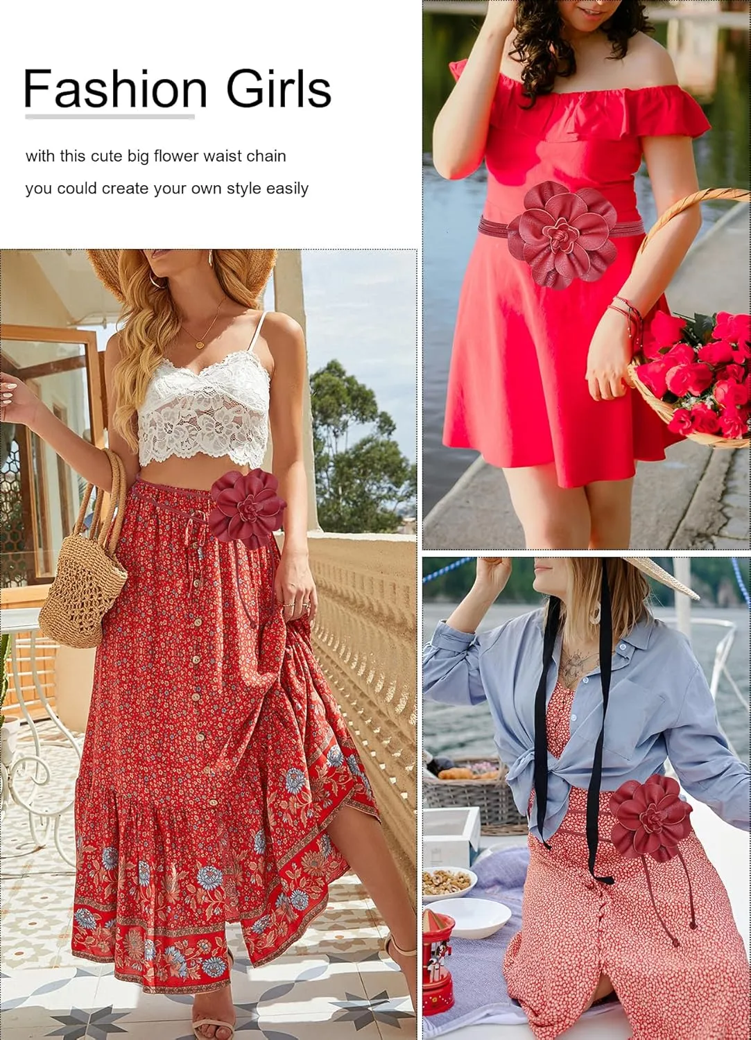 TeeYee Women Girls Big Decor Flower Waist Chain/Rope/Belt For Wedding Dress Female Waistband Skinny Belt