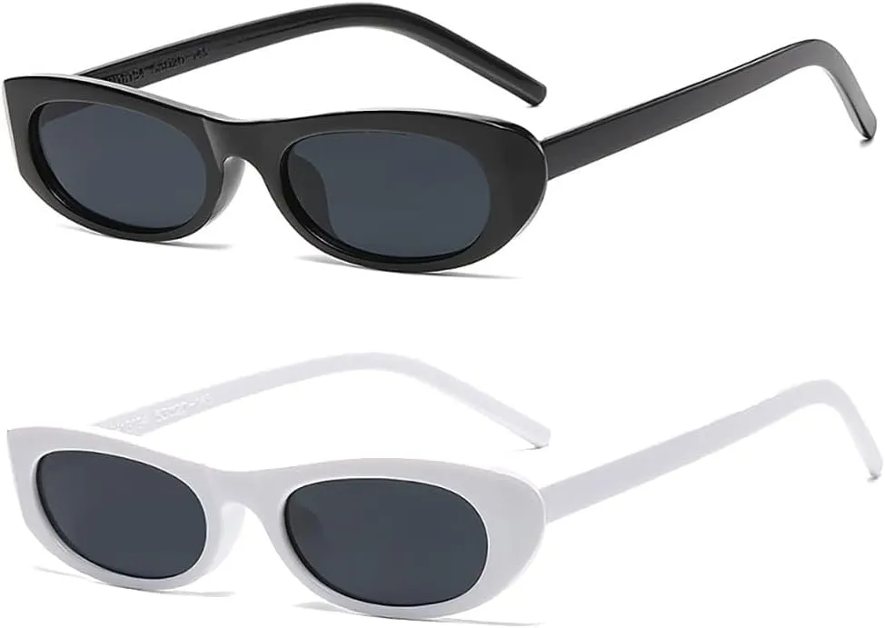 Trendy Elongated Narrow Cool Cat Eye Sunglasses for Women Oval 90s Vintage Retro Shades for Small Face