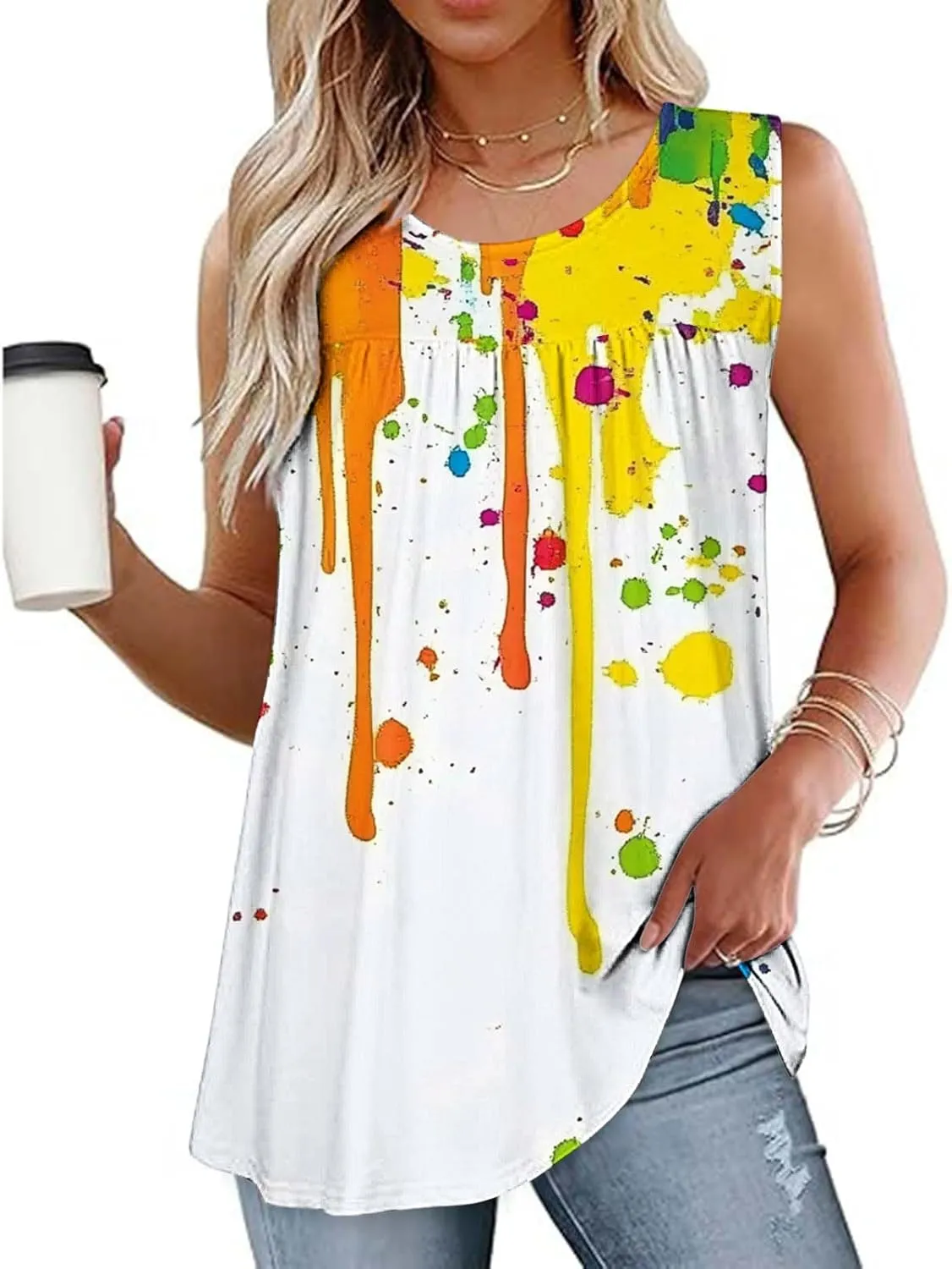 Vest Tops for Women Print Loose Fit Long Pleated Cami Tank Tops Casual Sleeveless Shirts Round Neck Summer Vest