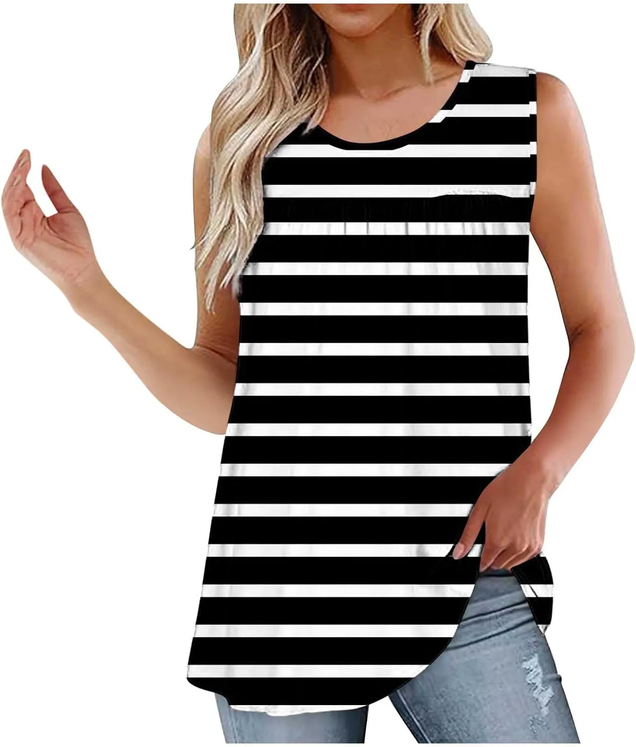 Vest Tops for Women Print Loose Fit Long Pleated Cami Tank Tops Casual Sleeveless Shirts Round Neck Summer Vest