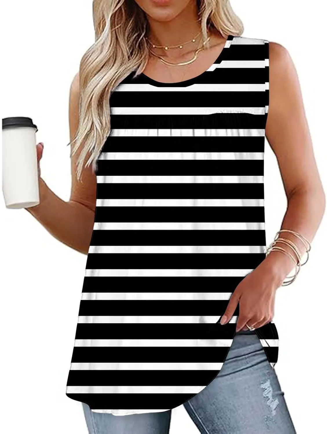Vest Tops for Women Print Loose Fit Long Pleated Cami Tank Tops Casual Sleeveless Shirts Round Neck Summer Vest
