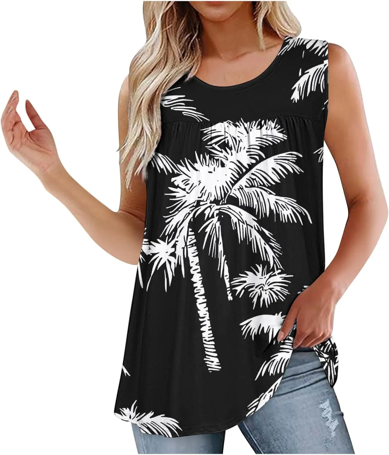 Vest Tops for Women Print Loose Fit Long Pleated Cami Tank Tops Casual Sleeveless Shirts Round Neck Summer Vest