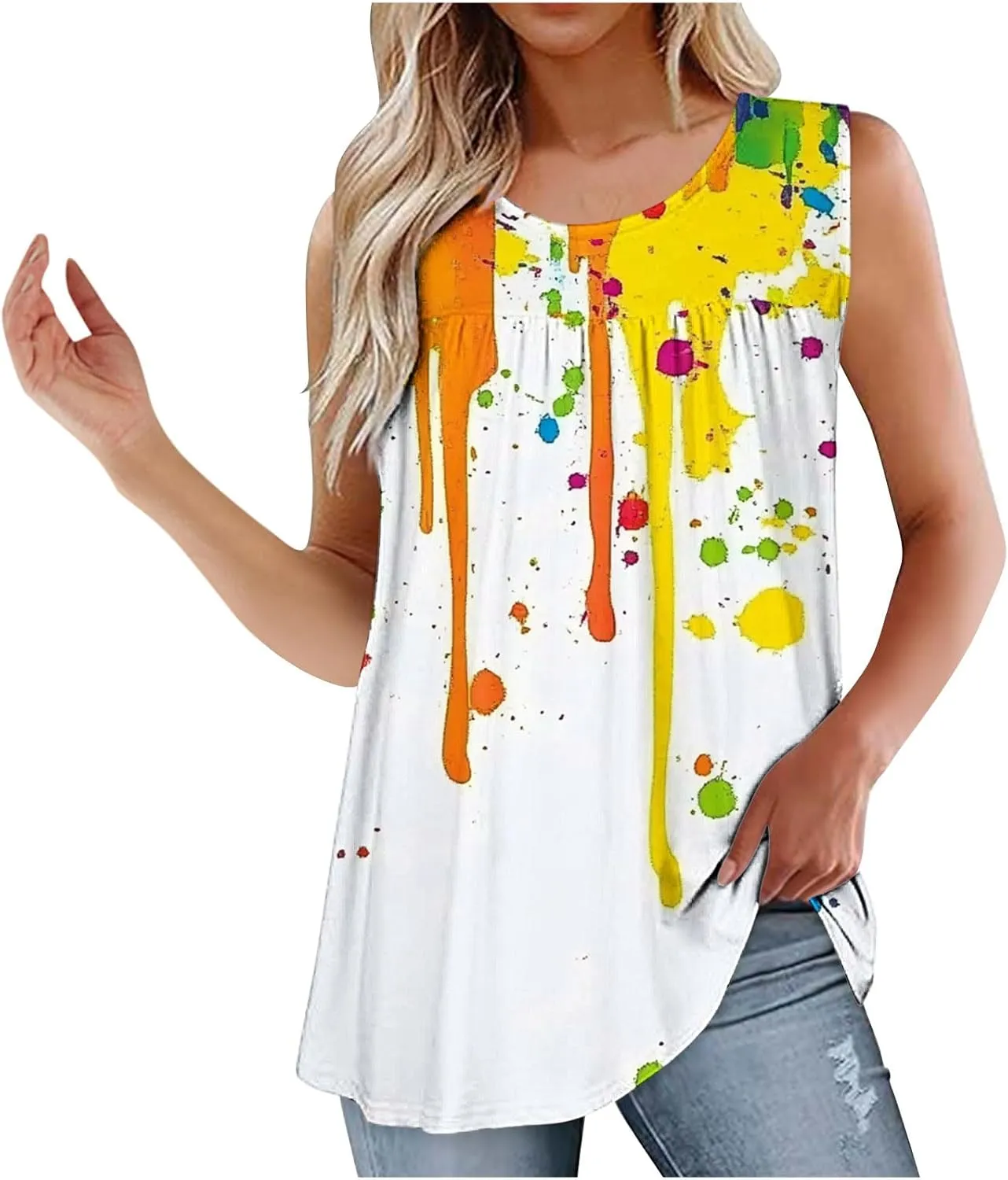 Vest Tops for Women Print Loose Fit Long Pleated Cami Tank Tops Casual Sleeveless Shirts Round Neck Summer Vest