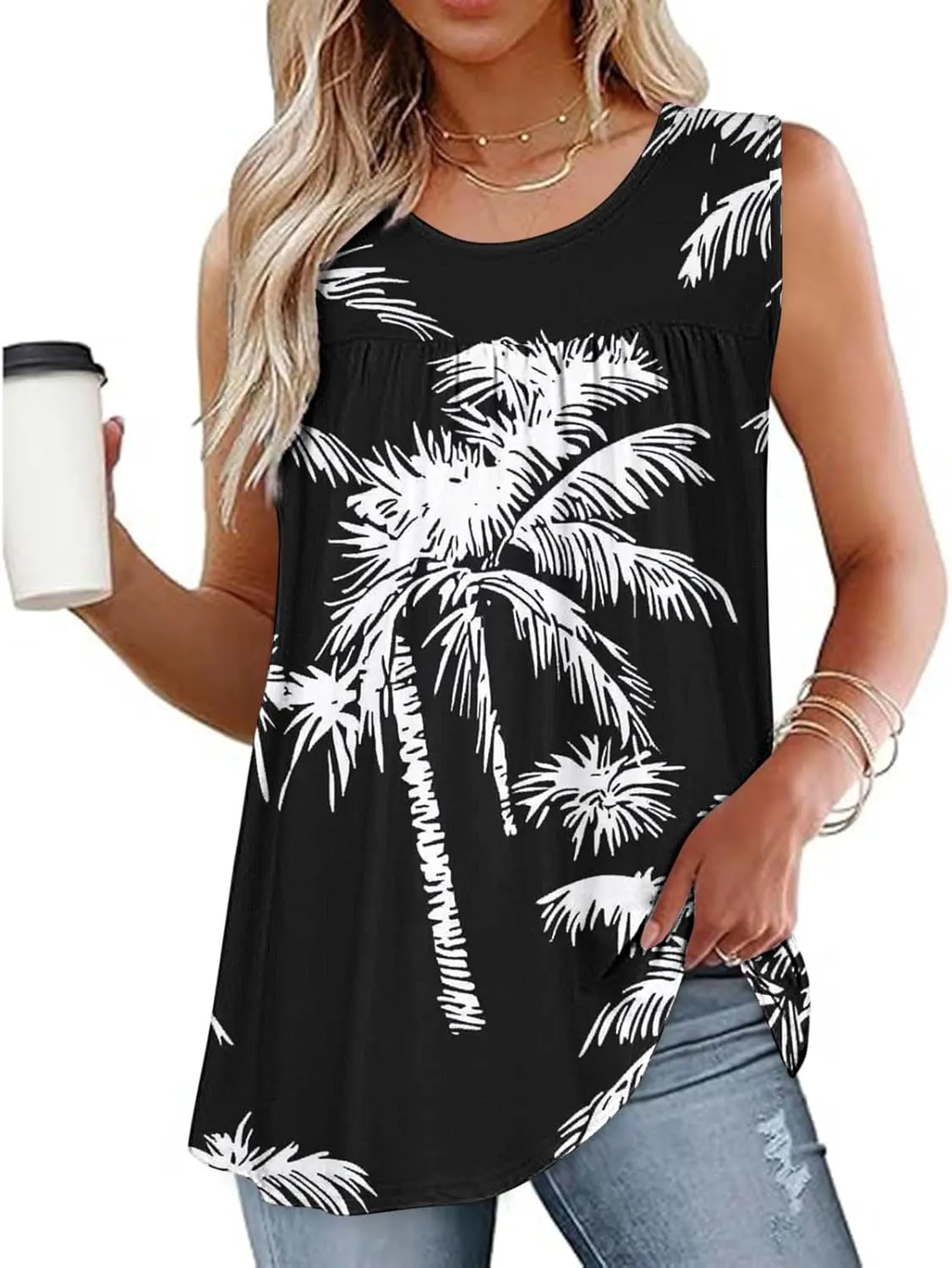 Vest Tops for Women Print Loose Fit Long Pleated Cami Tank Tops Casual Sleeveless Shirts Round Neck Summer Vest