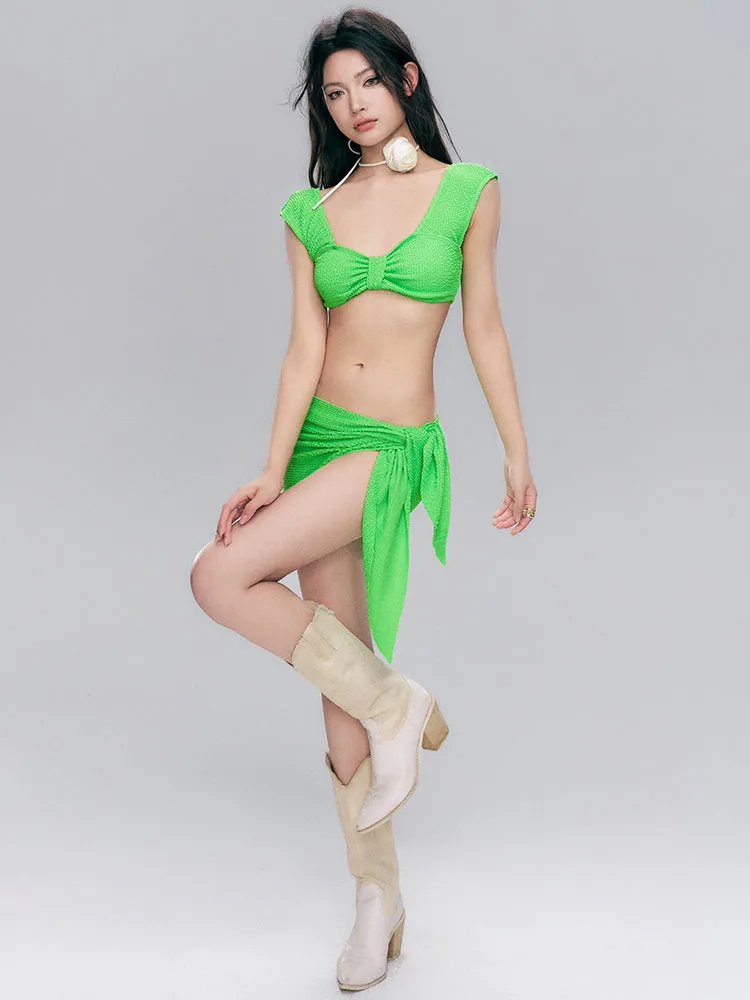 Waffle Texture Knot-Front Bikini with Matching Sarong Set