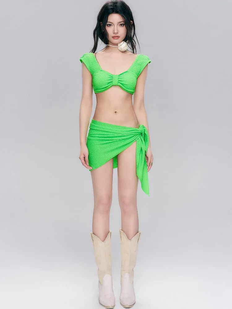 Waffle Texture Knot-Front Bikini with Matching Sarong Set