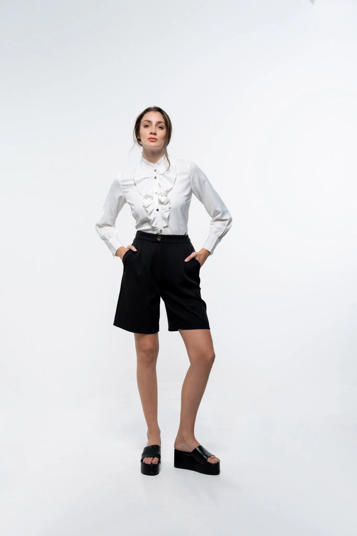 WHITE RUFFLE PLACKET FLOWY SHIRT