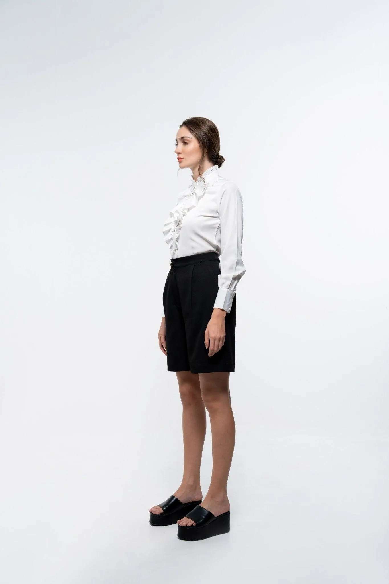 WHITE RUFFLE PLACKET FLOWY SHIRT