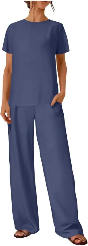 Women 2 Piece Cotton Linen Casual Sets, Summer Comfy Breathable Vacation Outfits with Short Sleeve Shirts Pockets Pants