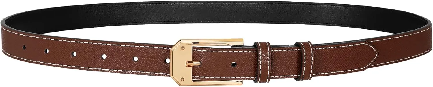Women Skinny Belt Thin Leather Belt for Jeans Gold Buckle 1.34'' wide