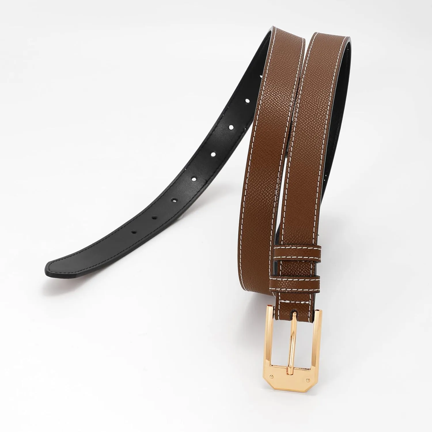 Women Skinny Belt Thin Leather Belt for Jeans Gold Buckle 1.34'' wide