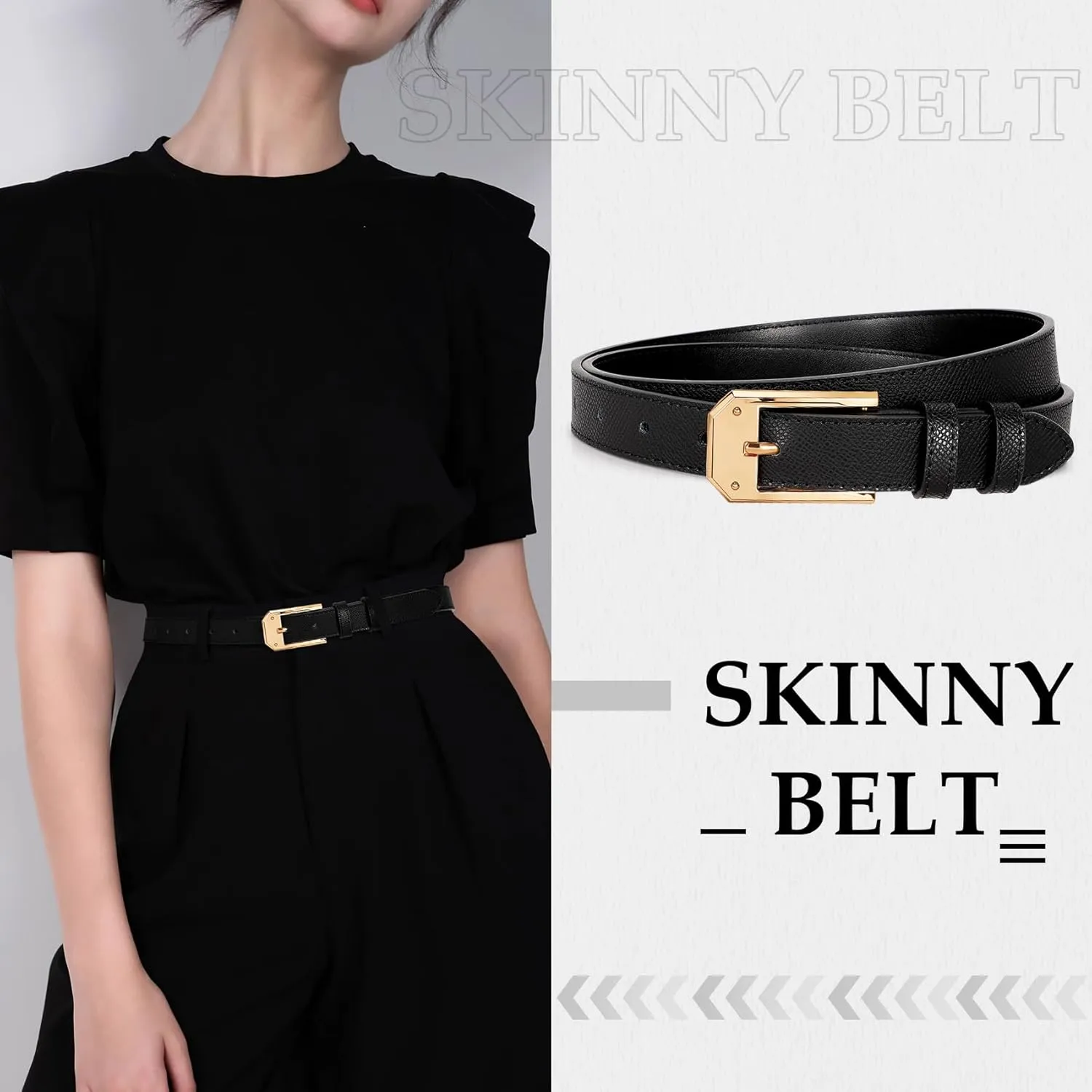 Women Skinny Belt Thin Leather Belt for Jeans Gold Buckle 1.34'' wide