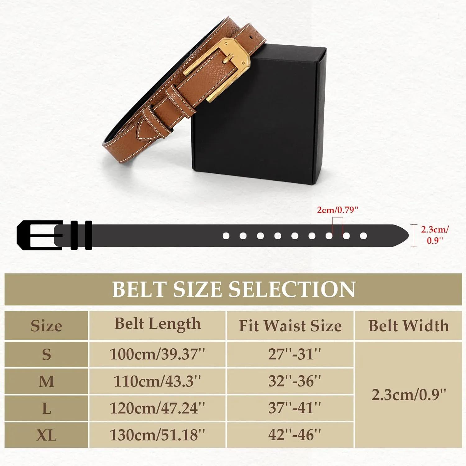Women Skinny Belt Thin Leather Belt for Jeans Gold Buckle 1.34'' wide