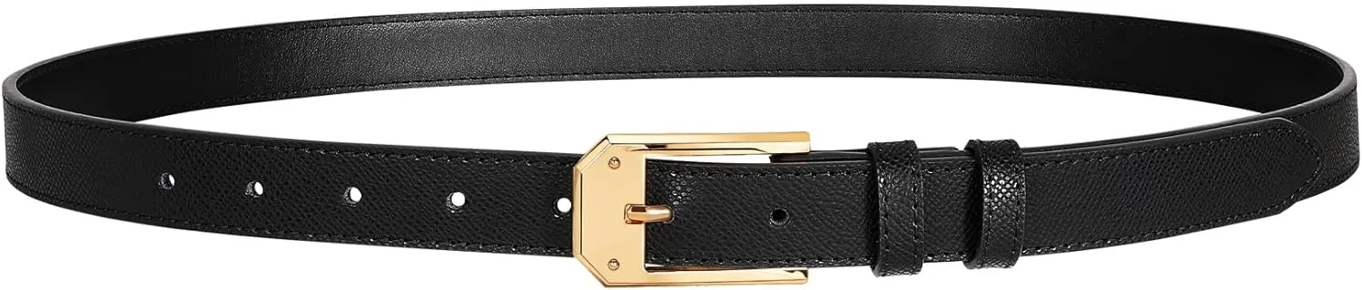 Women Skinny Belt Thin Leather Belt for Jeans Gold Buckle 1.34'' wide