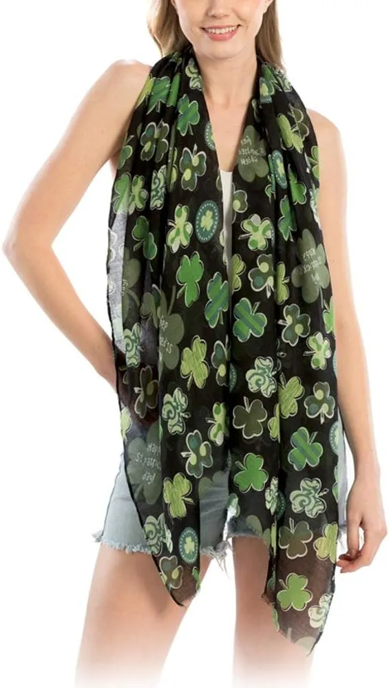 Women St Patrick's Day Print Light Weight Long Scarf (Large Clover-Black)