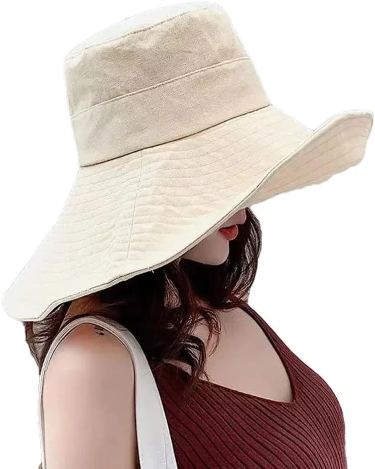 Women Summer Wide Brim Sun Hat Foldable Travel Hat Cotton Beach Hat