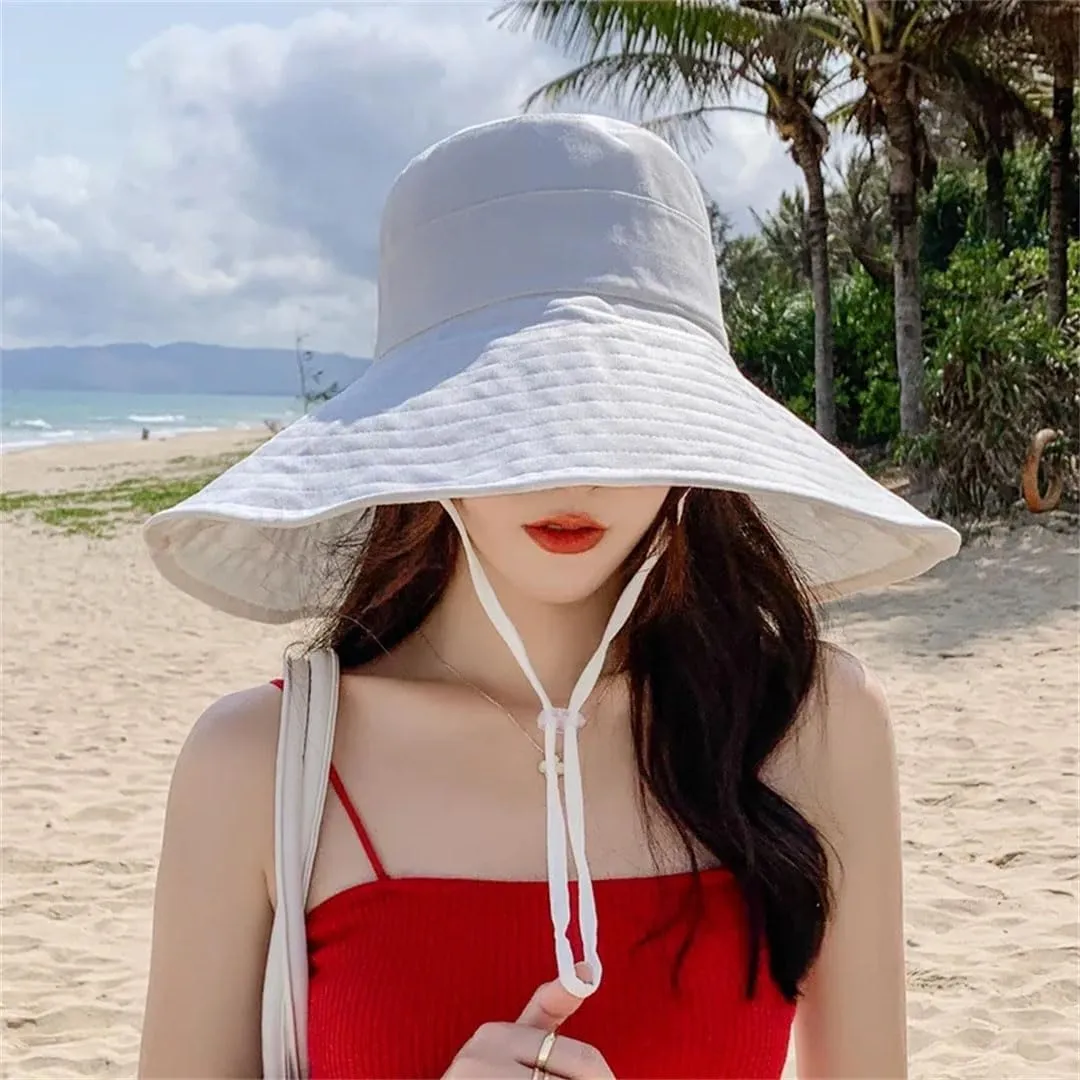 Women Summer Wide Brim Sun Hat Foldable Travel Hat Cotton Beach Hat