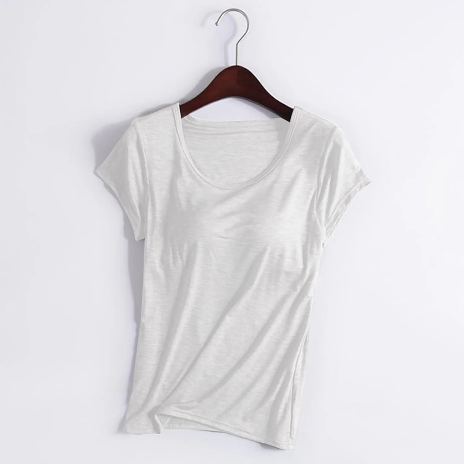 Womens Built-in Bra T-Shirt Padded Active Yoga Tops Short Sleeves Plain Blouses Soft Pajama Casual Workout Shirts