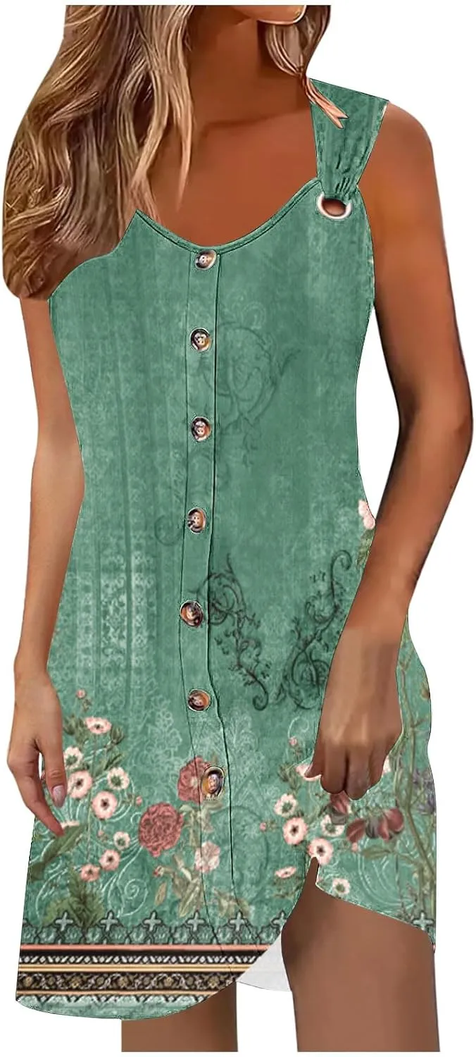Womens Casual Dresses Sleeveless Summer 2025 Boho Floral Beach Button Sundresses Spring A-Line Tank Dress