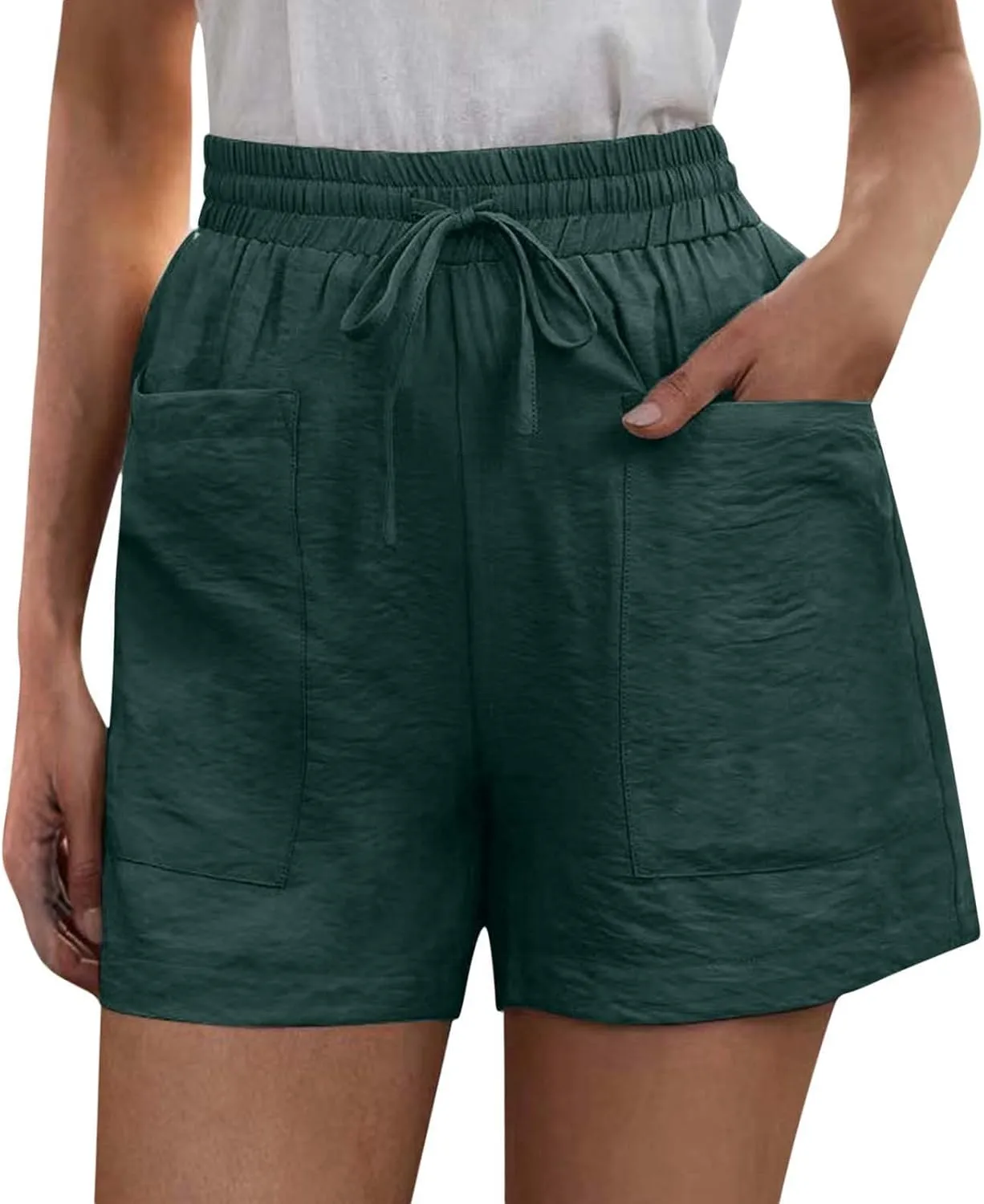 Womens Linen Shorts Summer Casual High Waisted Drawstring Elastic Shorts Cotton Wide Leg Summer Casual Shorts with Pockets