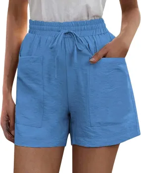 Womens Linen Shorts Summer Casual High Waisted Drawstring Elastic Shorts Cotton Wide Leg Summer Casual Shorts with Pockets