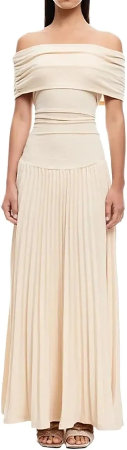 Women's Off Shoulder Dress Elegant Slash Neck Pleated Dress Slim Sleeveless Summer Chic Evening Dresses Bodycon