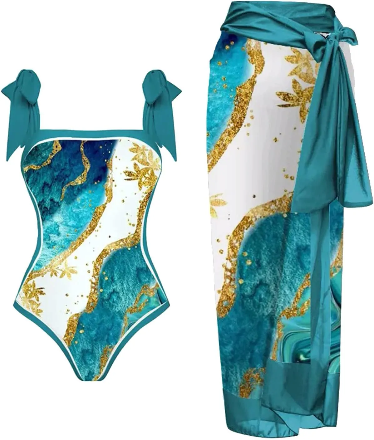 Womens One-Piece Swimsuit Print Chiffon Cover Up Beach Sarong Swimwear Beachwear Retro Wrap Maxi Skirt Bathing Suit