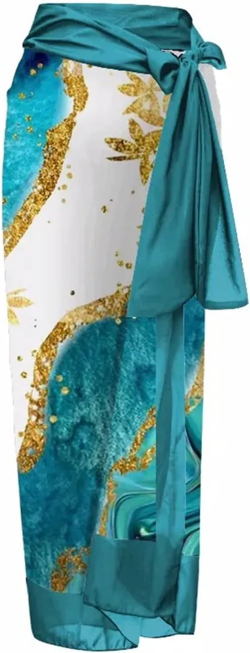 Womens One-Piece Swimsuit Print Chiffon Cover Up Beach Sarong Swimwear Beachwear Retro Wrap Maxi Skirt Bathing Suit