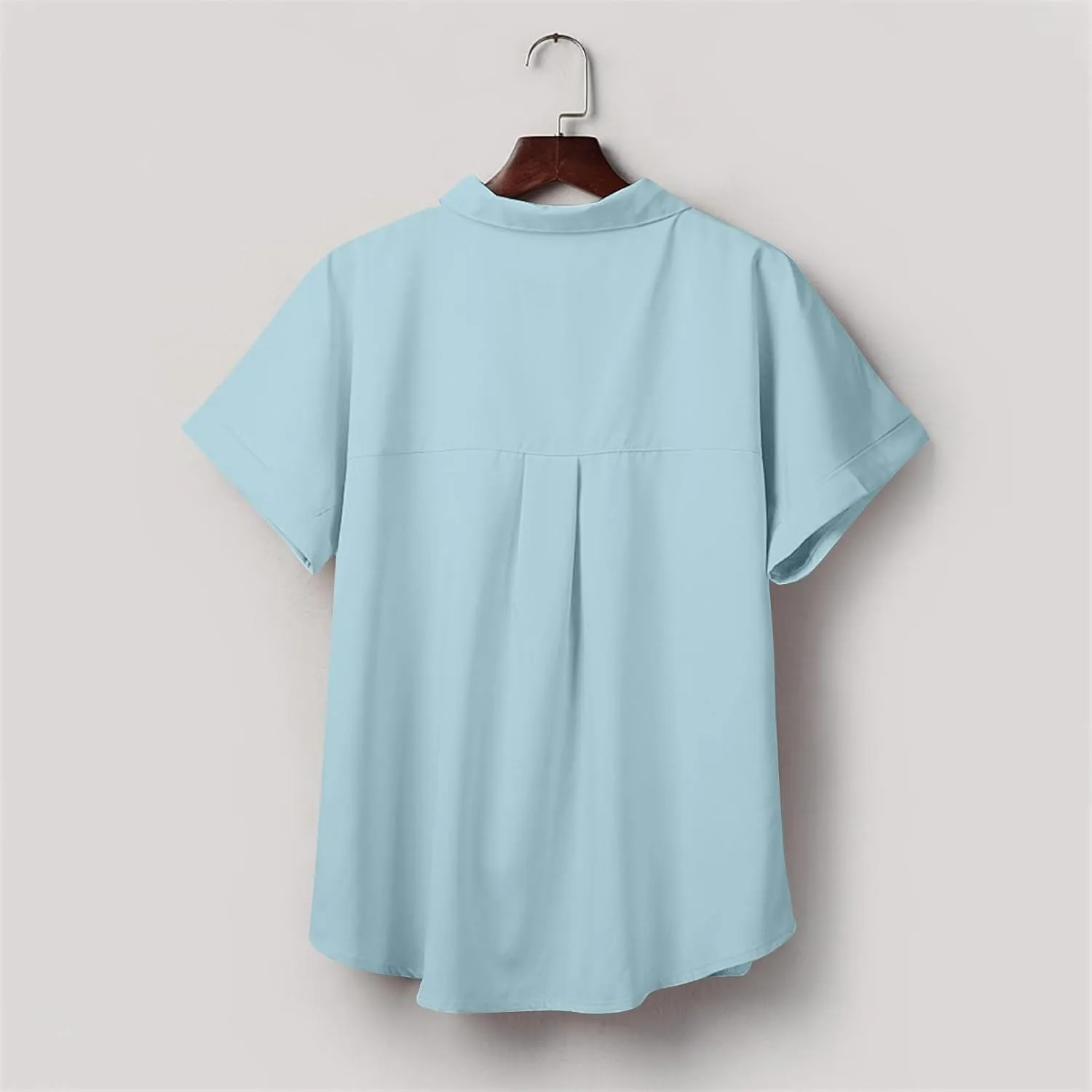 Womens Short Sleeve Tops V Neck Collared Button Down Shirt Oversized Summer Beach Tops with Pocket Solid Basic Blouse