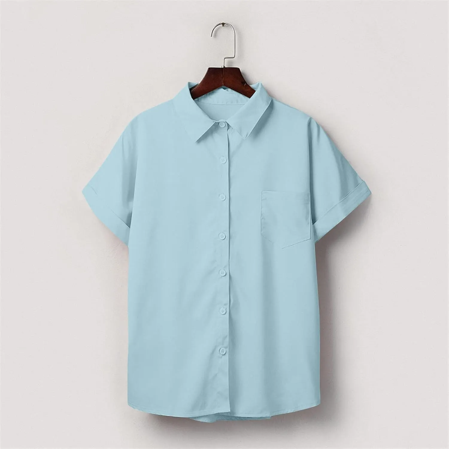 Womens Short Sleeve Tops V Neck Collared Button Down Shirt Oversized Summer Beach Tops with Pocket Solid Basic Blouse
