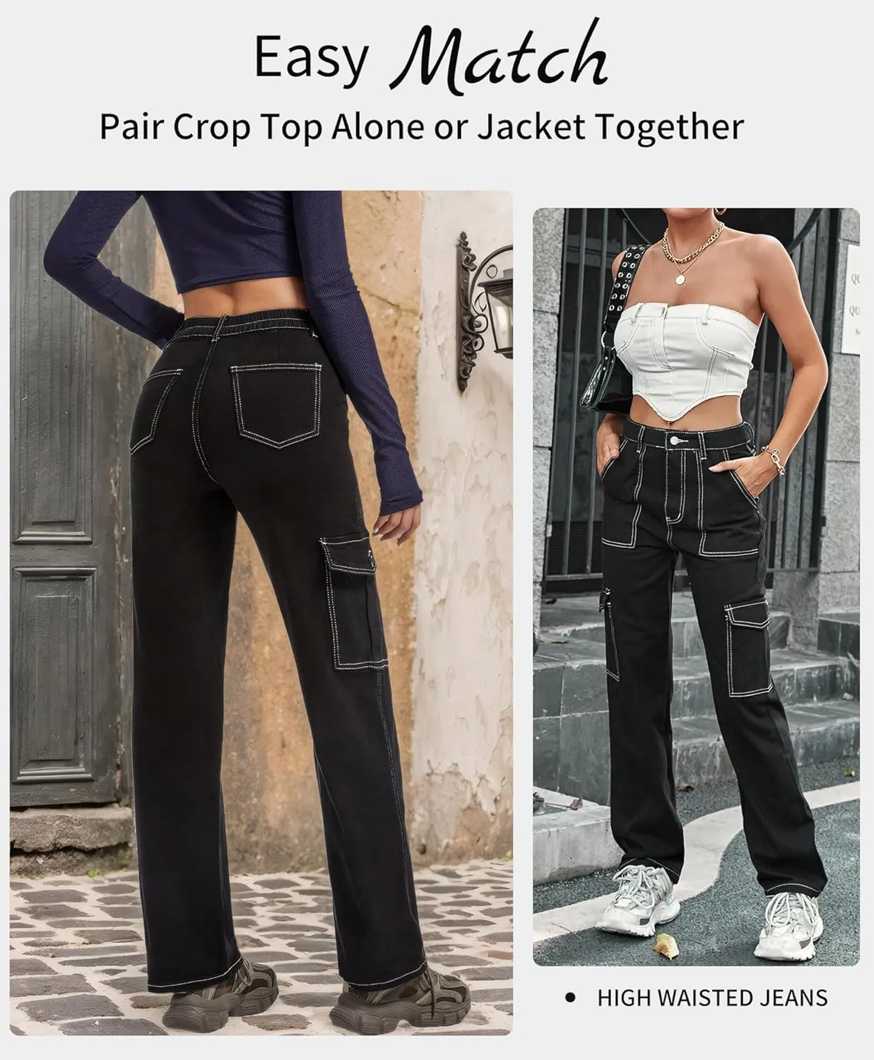 Womens Wide Leg Jeans, High Waisted Baggy Straight Leg Jeans, Trendy Y2K Stretchy Cargo Pants for Daily Wear