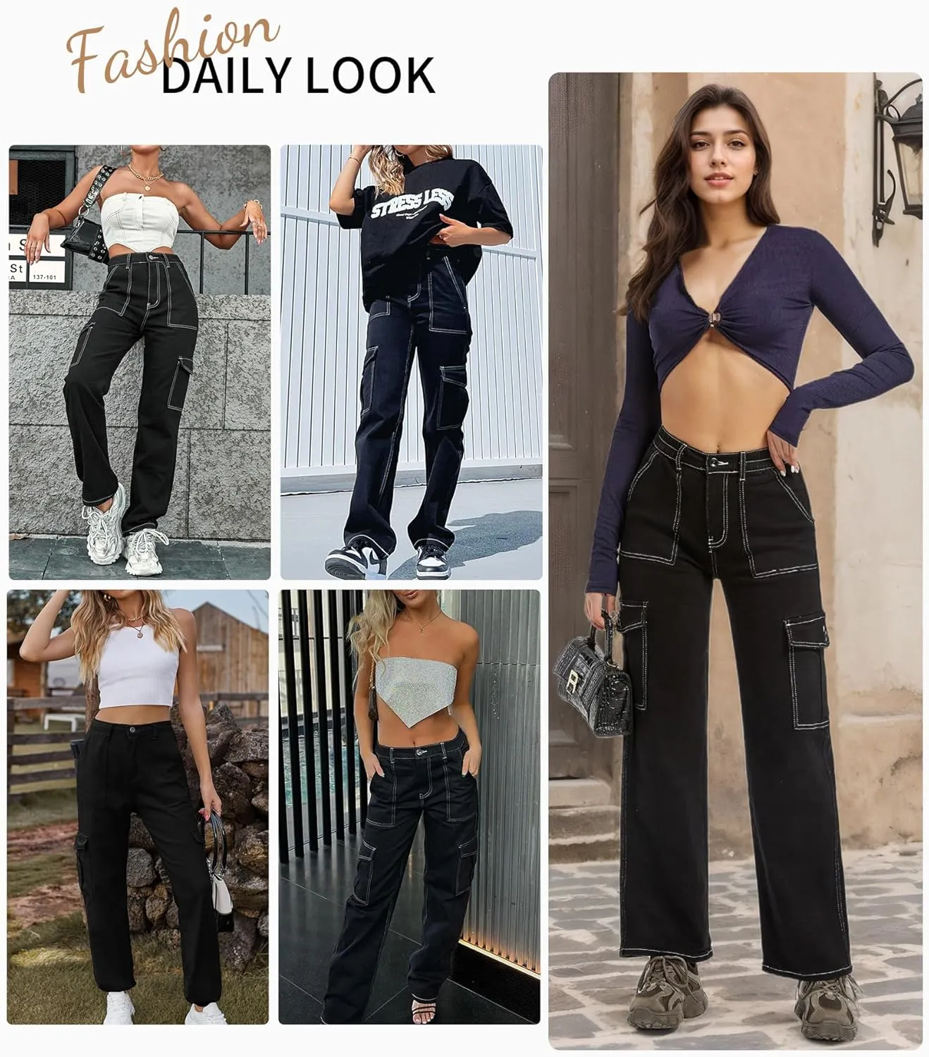 Womens Wide Leg Jeans, High Waisted Baggy Straight Leg Jeans, Trendy Y2K Stretchy Cargo Pants for Daily Wear