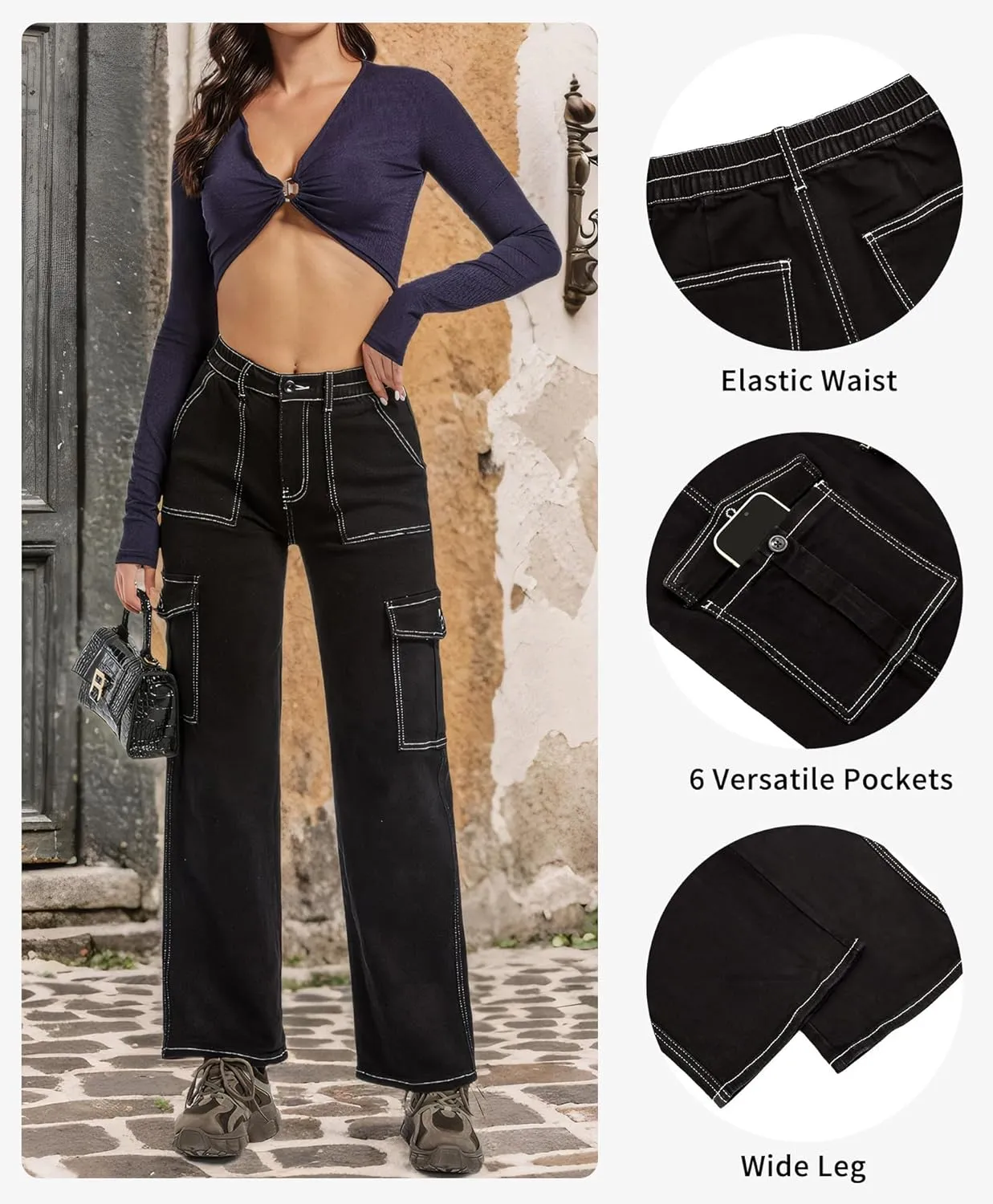 Womens Wide Leg Jeans, High Waisted Baggy Straight Leg Jeans, Trendy Y2K Stretchy Cargo Pants for Daily Wear