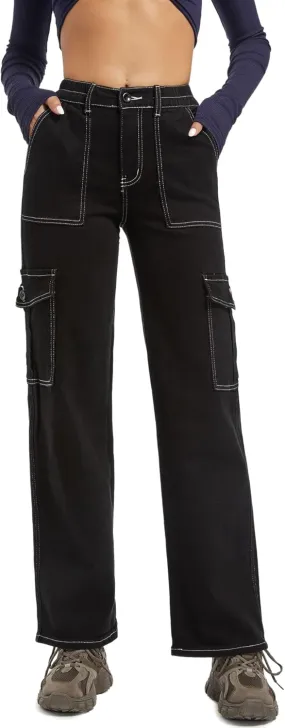 Womens Wide Leg Jeans, High Waisted Baggy Straight Leg Jeans, Trendy Y2K Stretchy Cargo Pants for Daily Wear