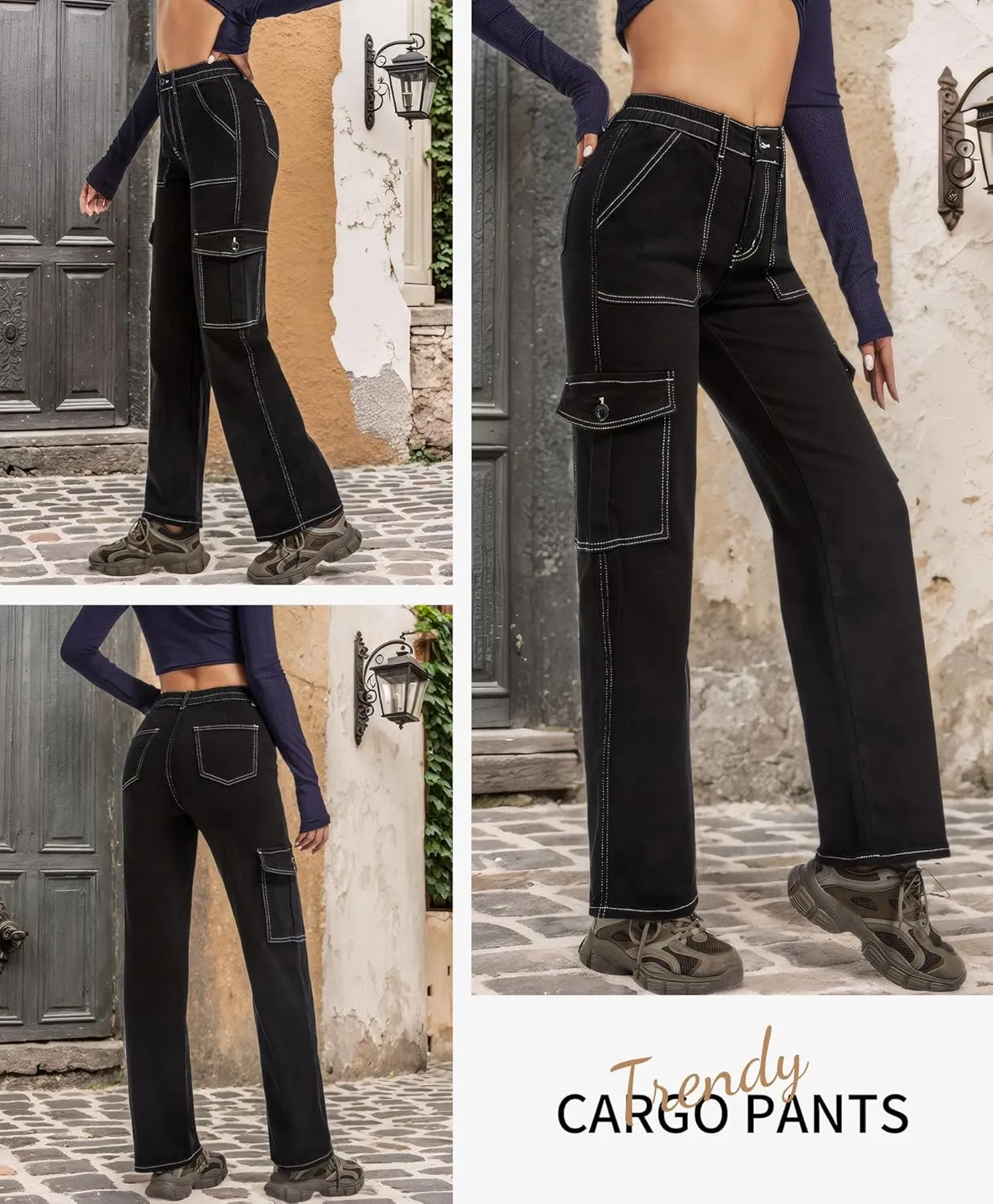 Womens Wide Leg Jeans, High Waisted Baggy Straight Leg Jeans, Trendy Y2K Stretchy Cargo Pants for Daily Wear